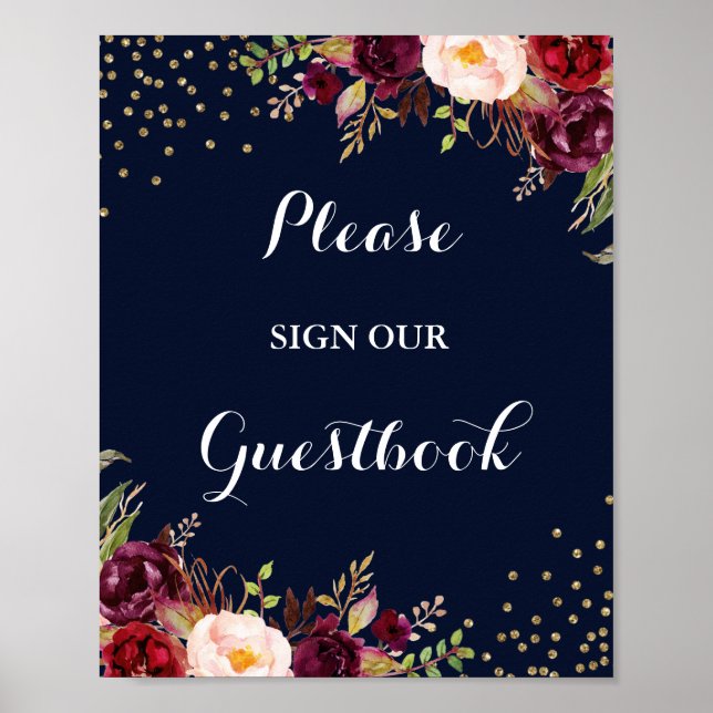 Burgundy Navy Floral Guestbook Wedding Sign Poster (Vorne)