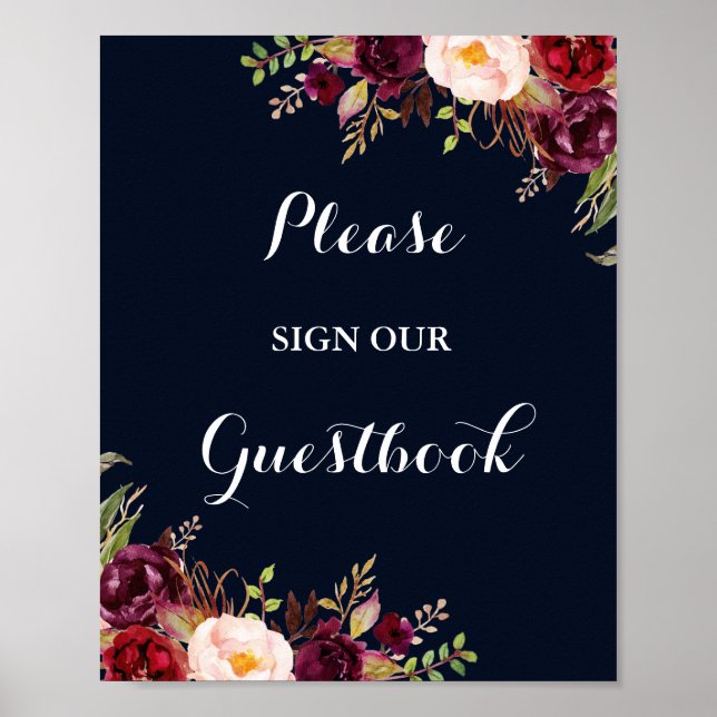 Burgundy Navy Floral Guestbook Wedding Sign Poster (Vorne)