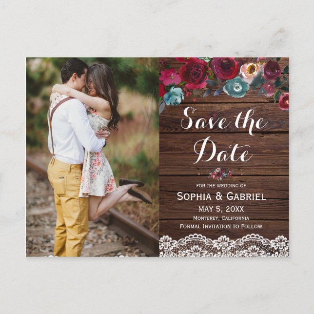 Burgundy Navy Floral Lace Wood Save the Date Foto Ankündigungspostkarte (Vorderseite)