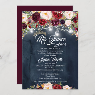 Burgundy Navy Floral Lights Quinceanera Einladung