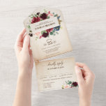Burgundy Navy Floral Rustic Country Boho Hochzeit All In One Einladung<br><div class="desc">Aquarellbordeauxrot rot rot blütenrosa rustikales Land klassisch floral alles in einer Hochzeitseinladungskarte mit grünem botanischem Blattwerk und eucalyptus-Blätter im Holzhintergrund. Dieses schöne, einfach zu anpassende Design kann leicht mit Ihren Hochzeitsfarben, Stilen und Thema übereinstimmen und ist die perfekte Wahl für Herbst- oder Winterhochzeiten. Sie können mehr passende Designs in meinem...</div>