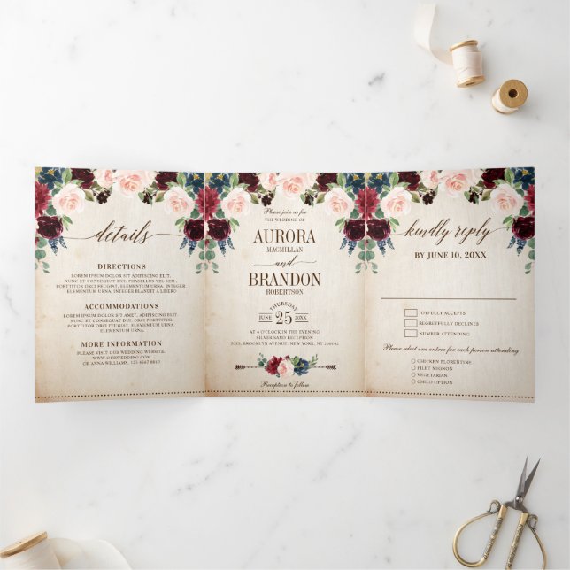 Burgundy Navy Floral Rustic Country Boho Hochzeit Dreifach Gefaltete Ankündigung (Innenseite)