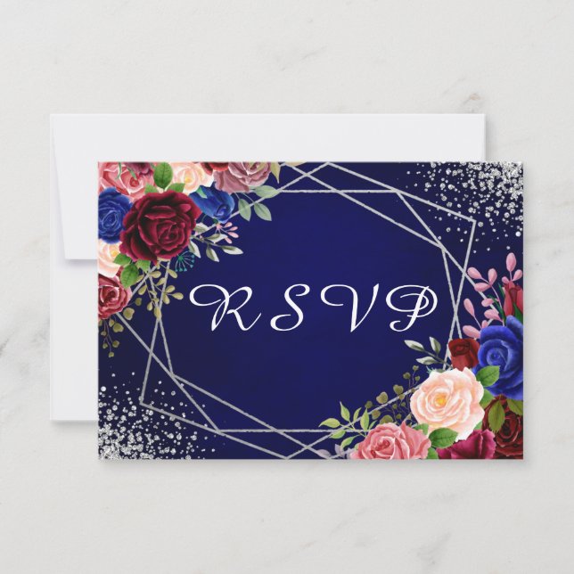 Burgundy Navy Floral Silver Geometric RSVP Karte (Vorderseite)