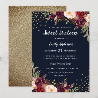 Burgundy Navy Floral Sparkle 16 . Geburtstag Einla Einladung