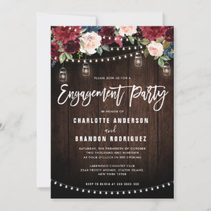Burgundy Navy Floral String Light Engagement Party Einladung