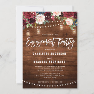 Burgundy Navy Floral String Light Engagement Party Einladung