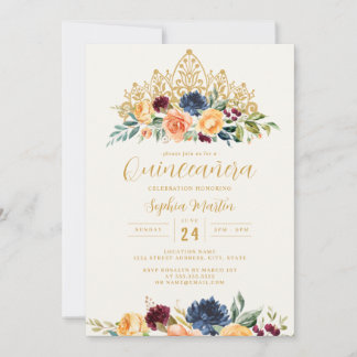 Burgundy Navy Floral Tiara Quinceanera Einladung