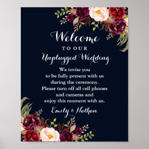 Burgundy Navy Floral Unplugged Wedding Sign Poster