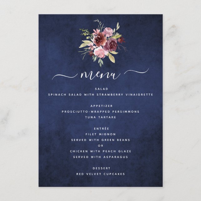 Burgundy Navy Geometric Floral Wedding Menükarte (Vorderseite)