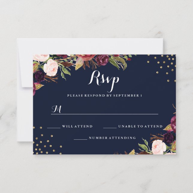 Burgundy Navy Gold Confetti Floral Wedding RSVP (Vorderseite)