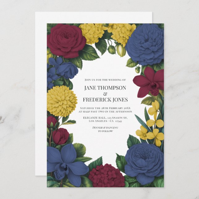 Burgundy, Navy & Gold Floral Wedding Einladung (Vorne/Hinten)