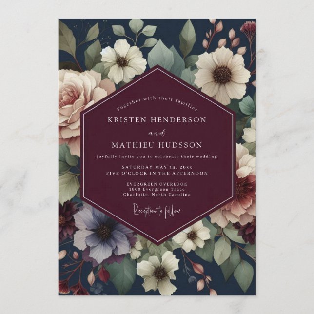 Burgundy Navy Painterly Bloom Wedding Einladung (Vorderseite)