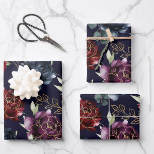 Burgundy Navy Peony Floral Gold Shimmer Geschenkpapier Set