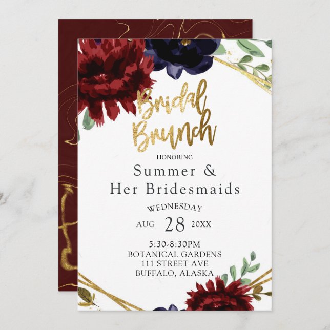 Burgundy Navy Peony Gold Bridesmaids Luncheon Einladung (Vorne/Hinten)