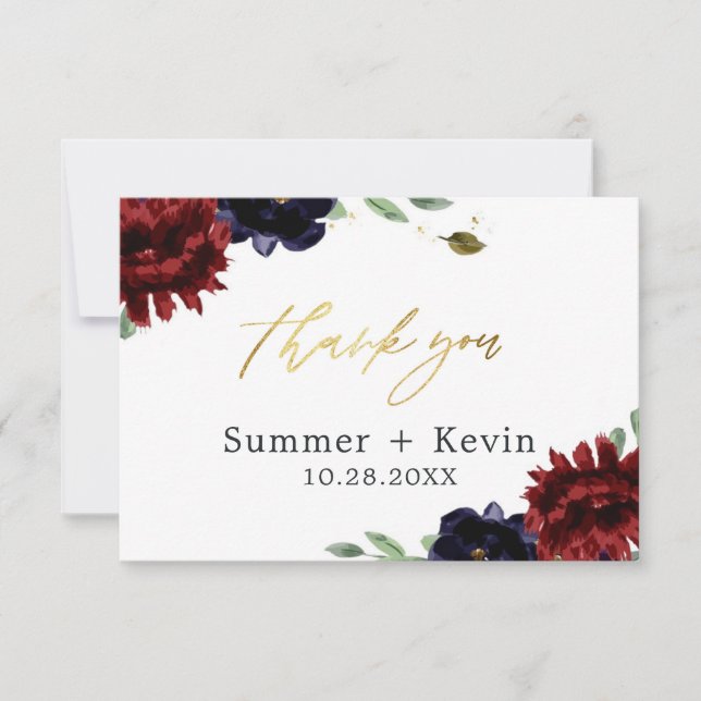 Burgundy Navy Peony Gold Hochzeit Vielen Dank Dankeskarte (Vorderseite)