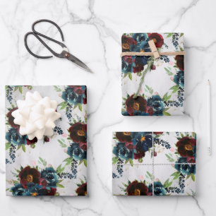 Burgundy Navy Peony & Rose Bouquet Geschenkpapier Set