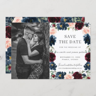 Burgundy Navy Pink Floral Foto Save the Date Karte