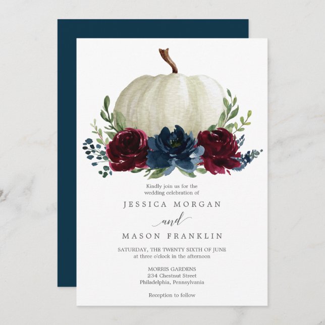 Burgundy Navy Pumpkin Fall Floral Wedding Einladung (Vorne/Hinten)