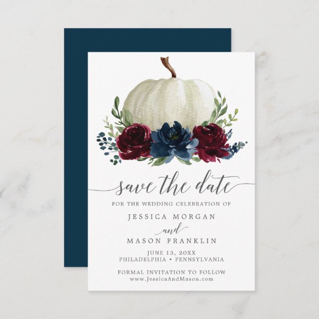 Burgundy Navy Pumpkin Save the Date Einladung (Vorne/Hinten)