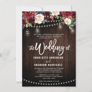 Burgundy Navy Rustic String Light Wedding Einladung