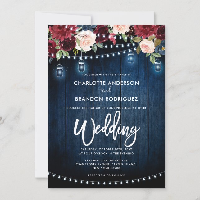 Burgundy Navy Rustic String Light Wedding Einladung (Vorderseite)