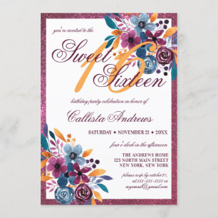 Burgundy Navy Senf Wasserfarbe Blume Sweet 16 Einladung