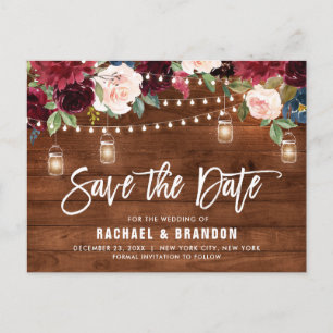 Burgundy Navy String Light Mason jar Save the Date Postkarte