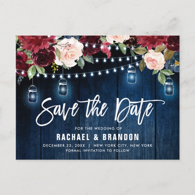 Burgundy Navy String Light Mason jar Save the Date Postkarte (Vorderseite)