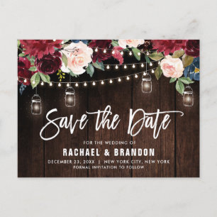 Burgundy Navy String Light Mason jar Save the Date Postkarte