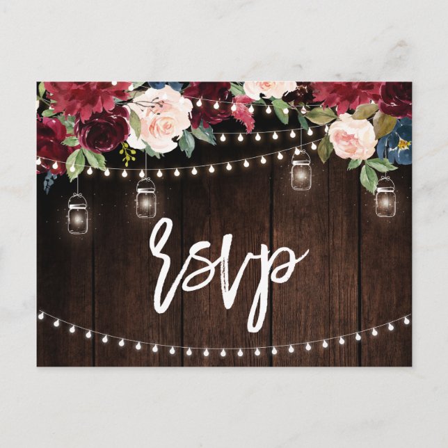 Burgundy Navy String Light Mason Jar UAWG Postkarte (Vorderseite)