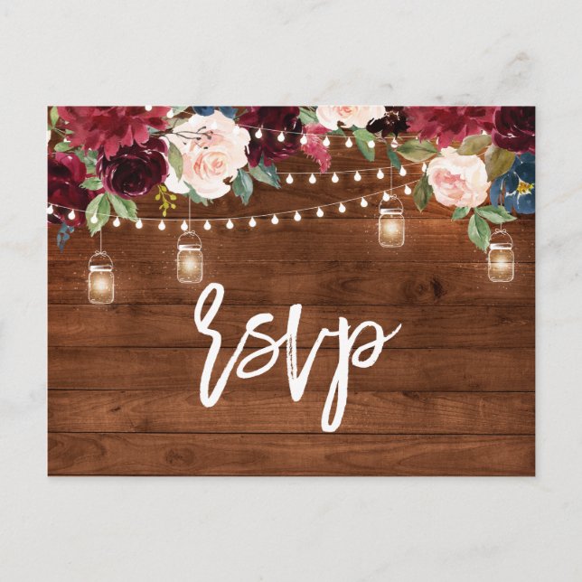 Burgundy Navy String Light Mason Jar UAWG Postkarte (Vorderseite)