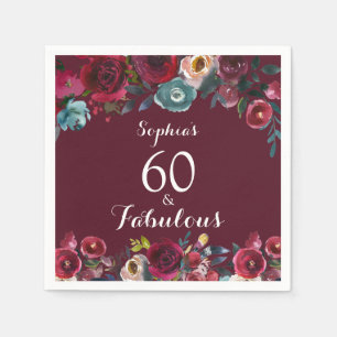 Burgundy Navy Wasserfarbe Floral 60. Geburtstag Serviette