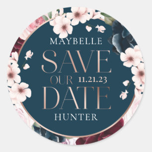 Burgundy & Navy Wasserfarbe Florals Save the Date Runder Aufkleber