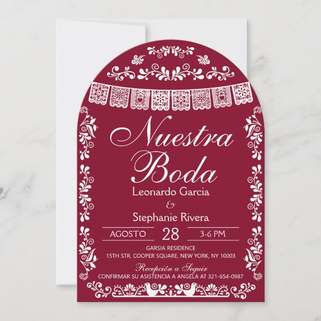 Burgundy Nuestra Boda Papel Picado Spanish Wedding Einladung (Vorderseite)