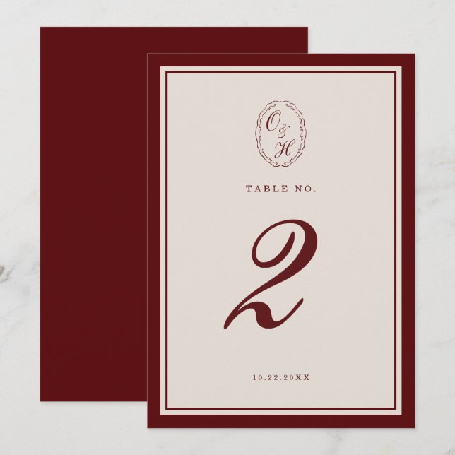 Burgundy Old Money Wedding Table Number Einladung (Vorne/Hinten)
