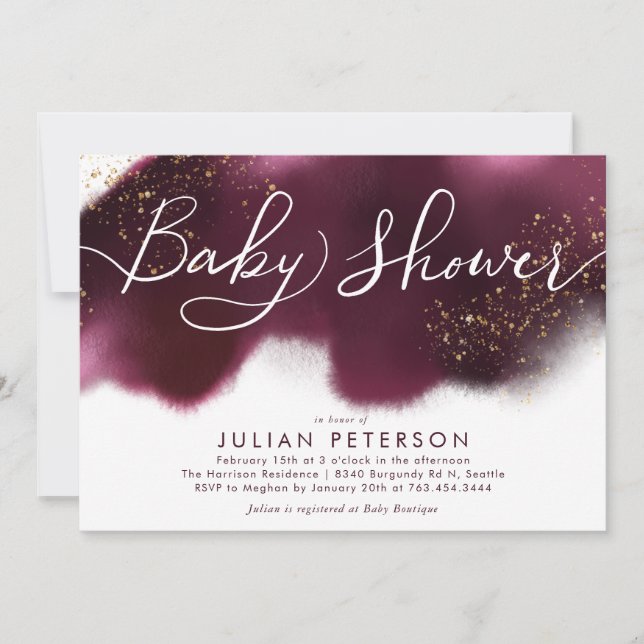 Burgundy Ombre Baby Shower Gold Glitzer Typografie Einladung (Vorderseite)