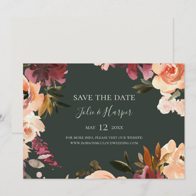 Burgundy Orange Bloral Green Horizontal Save The Date (Vorne/Hinten)