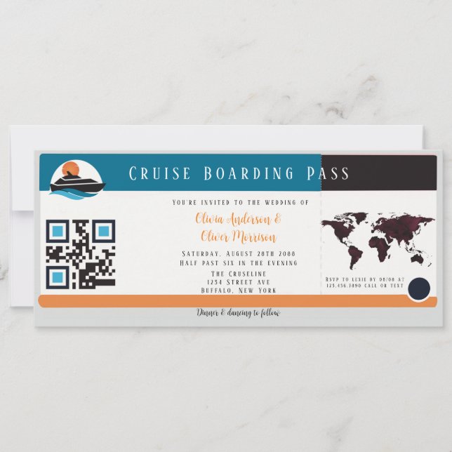 Burgundy Orange Blue Cruise Boarding Pass Wedding Einladung (Vorderseite)