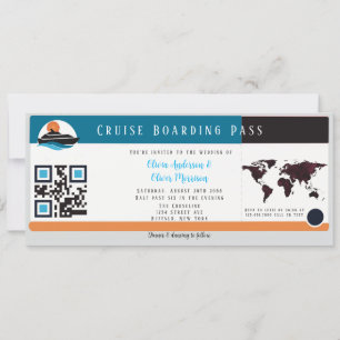 Burgundy Orange Blue Cruise Boarding Pass Wedding Einladung