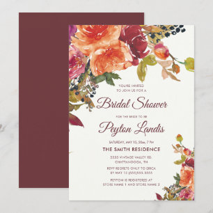 Burgundy Orange Blue Floral Blätter Brautparty Einladung