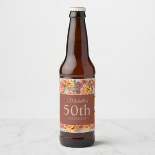 Burgundy Orange Cream Floral Geburtstagsnamenalter Bierflaschenetikett