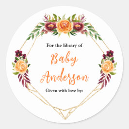 Burgundy Orange Floral Baby Shower Bookplate Runder Aufkleber