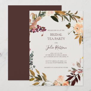 Burgundy Orange Floral   Beige Bridal Tee Party Einladung