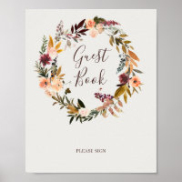 Burgundy Orange Floral | Beige Gast Book Sign