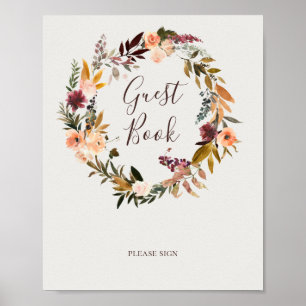 Burgundy Orange Floral   Beige Gast Book Sign Poster