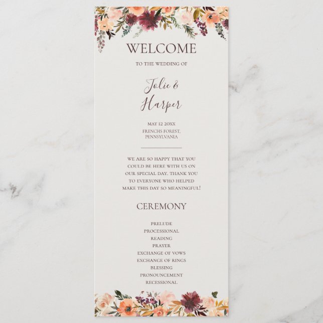 Burgundy Orange Floral | Beige Hochzeitsprogramm Programm (Vorderseite)