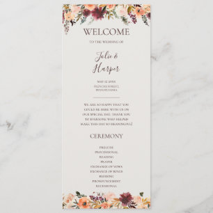 Burgundy Orange Floral Beige Hochzeitsprogramm Programm