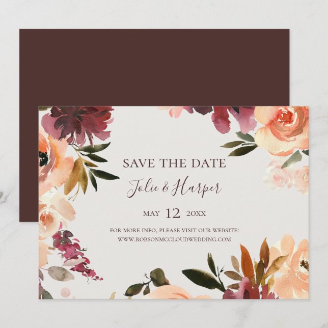 Burgundy Orange Floral Beige Horizontal Save The Date (Vorne/Hinten)