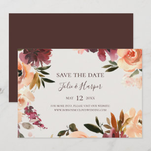 Burgundy Orange Floral Beige Horizontal Save The Date