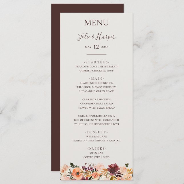 Burgundy Orange Floral | Beige Menü für Hochzeiten Menükarte (Vorne/Hinten)
